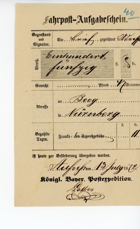 Königreich Bayern - Fahrpost-Aufgabeschein - Aufsess - 13.07.1872