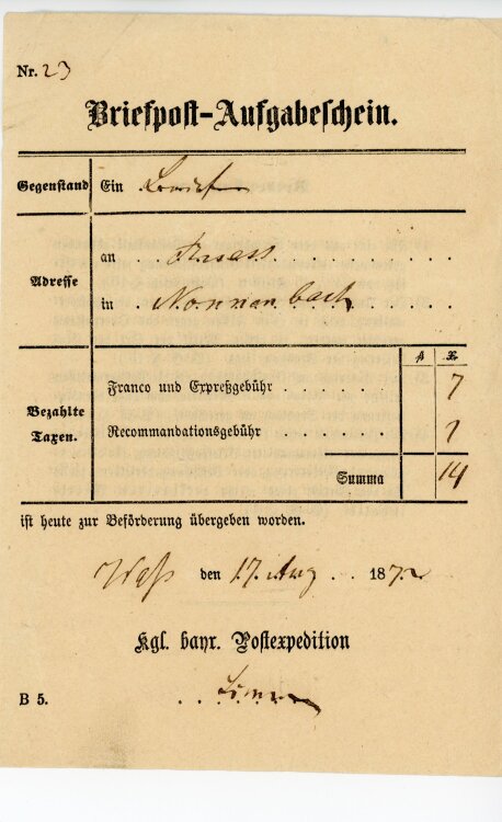 Königreich Bayern - Briefpost-Ausgabeschein - Limburg - 17.08.1872