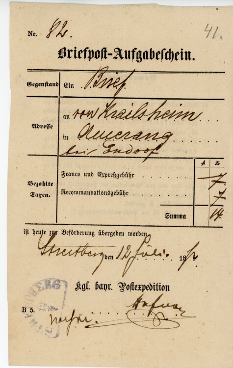 Königreich Bayern - Briefpost-Ausgabeschein -...