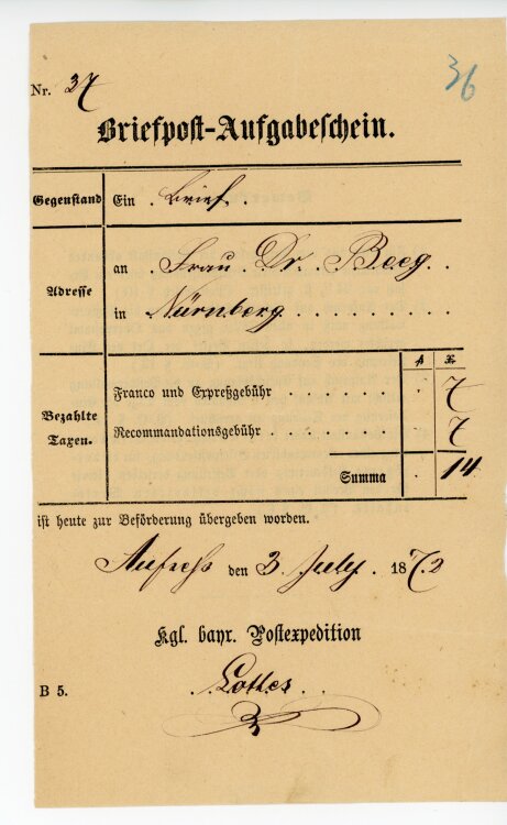 Königreich Bayern - Briefpost-Ausgabeschein - Aufsess - 03.07.1872