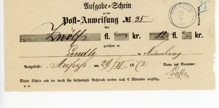 Königreich Bayern - Aufagbeschein, Postanweisung - Aufsess - 29.06.1872