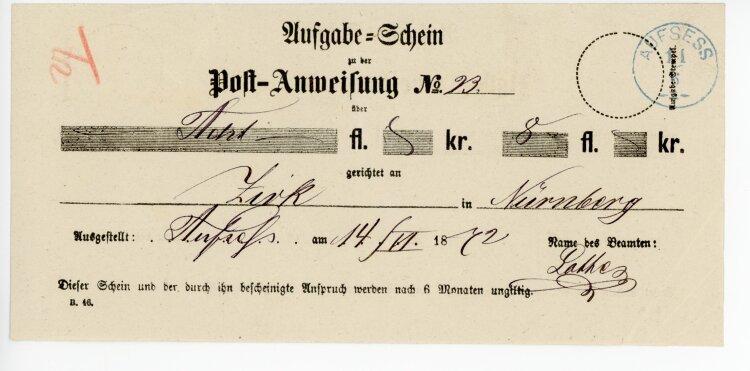 Königreich Bayern - Aufagbeschein, Postanweisung - Aufsess - 14.06.1872