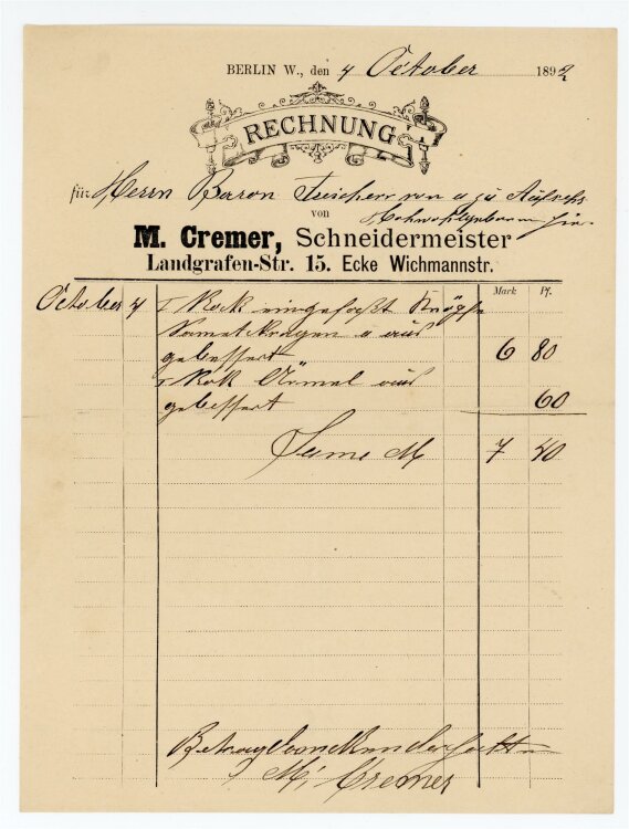 Rechnung - M. Cremer, Schneidermeister (Berlin) - O. von Aufsess - 04.10.1892