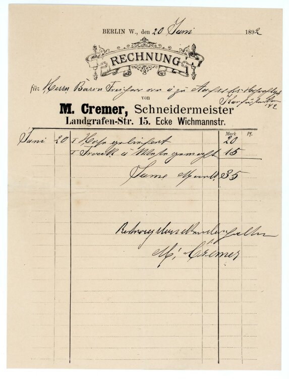 Rechnung - M. Cremer, Schneidermeister (Berlin) - O. von...