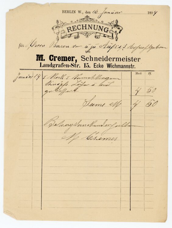 Rechnung - M. Cremer, Schneidermeister (Berlin) - O. von Aufsess - 10.01.1894