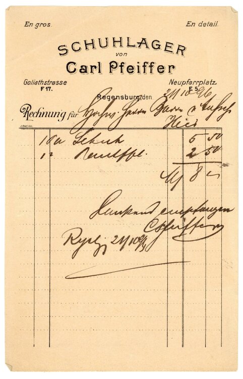 Rechnung - Carl Pfeiffer, Schuhlager (Regensburg) - O. von Aufsess - 21.10.1896