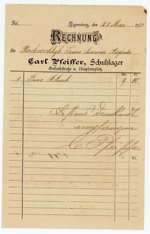 Rechnung - Carl Pfeiffer, Schuhlager (Regensburg) - C. von Aufsess - 28.05.1900