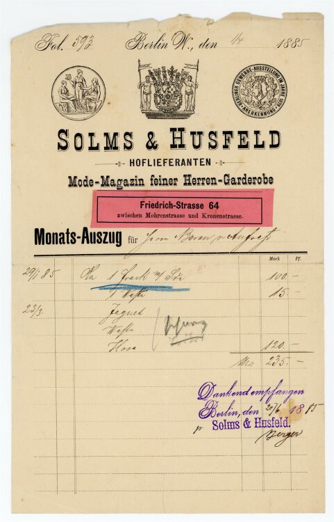 Rechnung - Solms & Husfeld, Hoflieferant, Mode (Berlin) - O. von Aufsess (Berlin