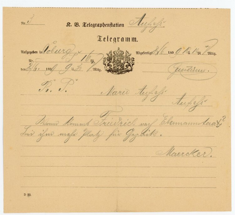 Telegramm Empfang (Aufsess) - Marie aus Coburg (08.06.) - 08.06.1899