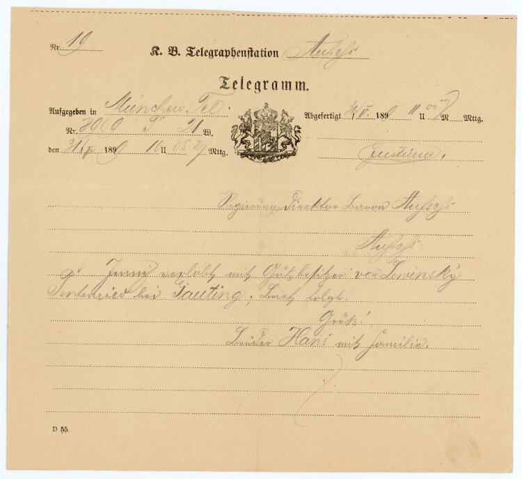 Telegramm Empfang (Aufsess) - aus München Tel. (31.05.) - 31.05.1899