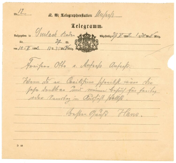 Telegramm Empfang (Aufsess) - aus Durlach (18.05.) - 21.05.1898