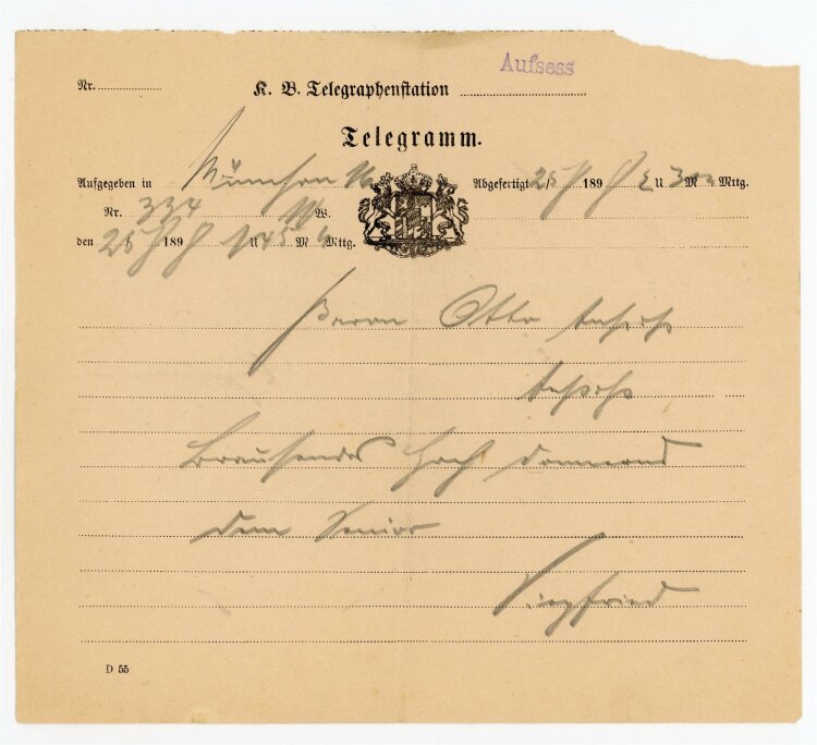 Telegramm Empfang (Aufsess) - aus München (25.08.) - 25.08.1898
