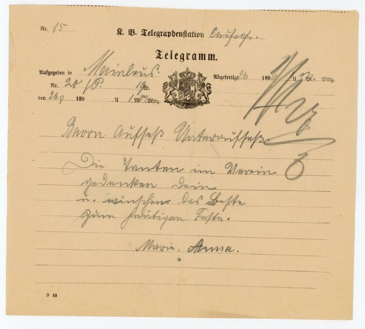 Telegramm Empfang (Aufsess) - aus Mainleus - aus 26.01.) - 26.01.1896
