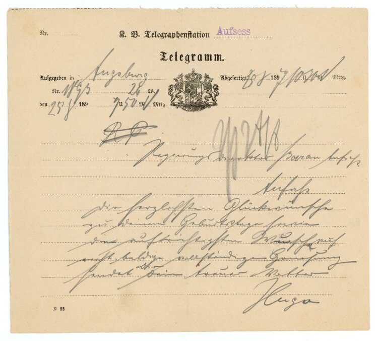 Telegramm Empfang (Aufsess) - aus Augsburg (25.08.) -...