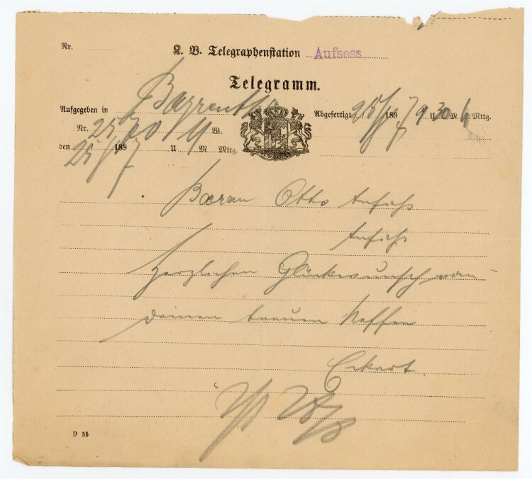 Telegramm Empfang (Aufsess) - aus Bayreuth (25.08.) - 25.08.1897