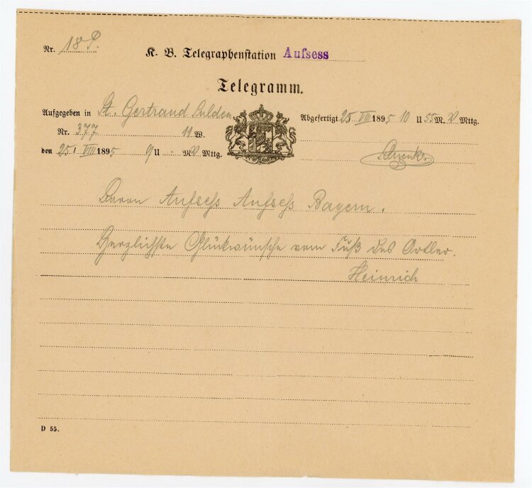 Telegramm Empfang (Aufsess) - aus St. Gertraud Sulden (25.08.) - 25.08.1895