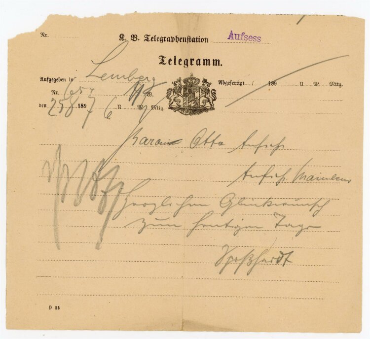 Telegramm Empfang (Aufsess) - aus Lemberg (25.08.) - 25.08.1897