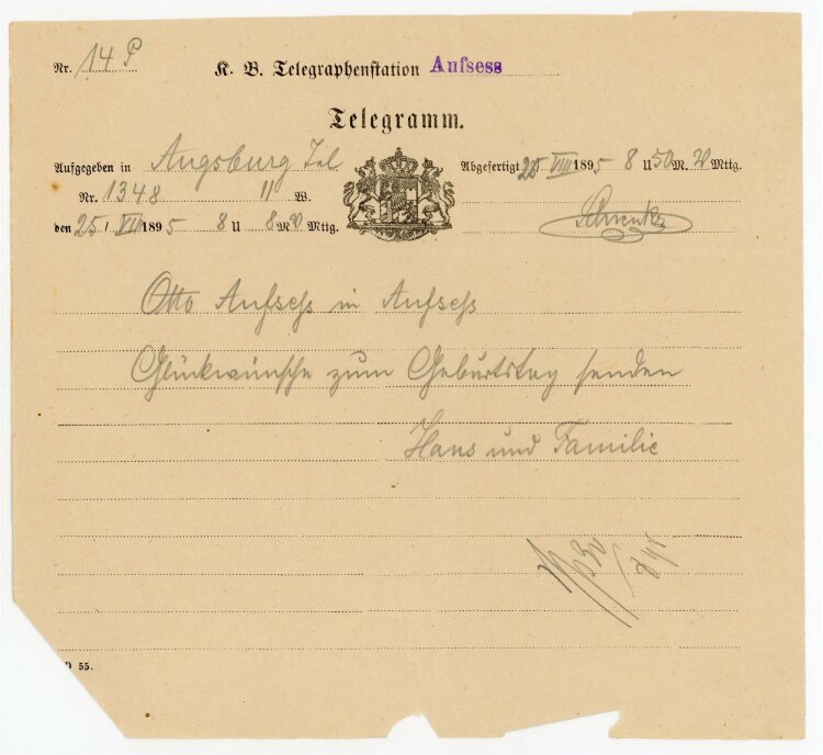 Telegramm Empfang (Aufsess) - aus Augsburg Tel (28.08.) - 25.08.1895