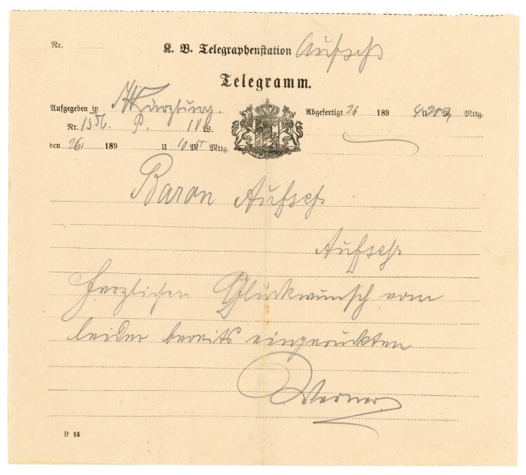 Telegramm Empfang (Aufsess) - aus Würzburg (26.?.) - 26.??.189?