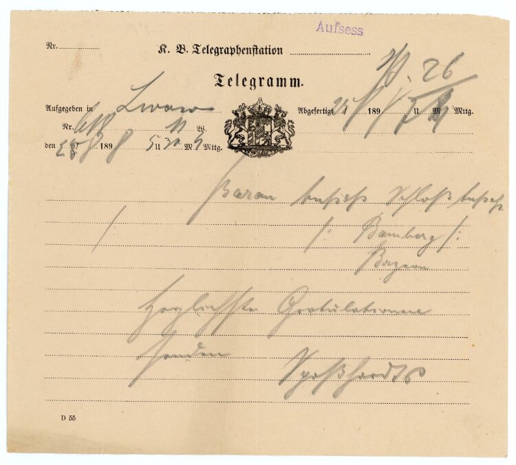 Telegramm Empfang (Aufsess) - aus Lwow (25.08.) - 25.08.1898