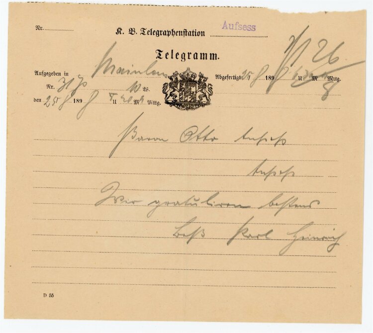 Telegramm Empfang (Aufsess) - aus Mainlaus - aus 25.08.) - 25.08.1898
