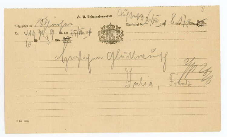 Telegramm Empfang (Aufsess) - aus Schliersee (25.08.) - 26.08.1901