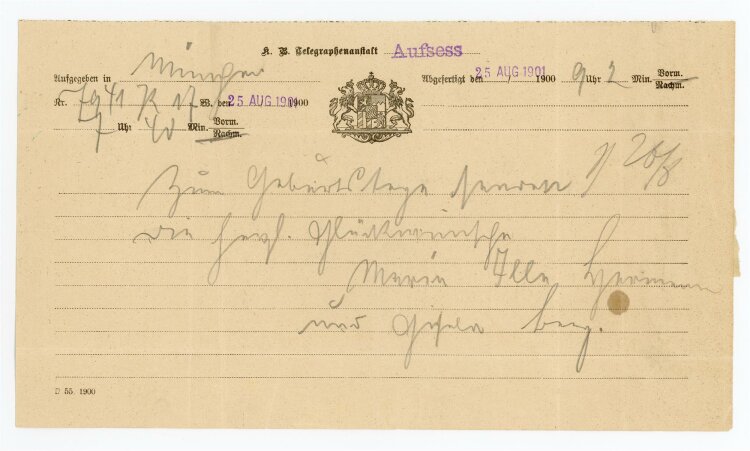 Telegramm Empfang (Aufsess) - aus Unbekannt (25.08.) - 25.08.1901