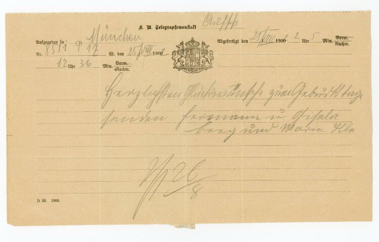 Telegramm Empfang (Aufsess) - aus München (25.08.) - 25.08.1902