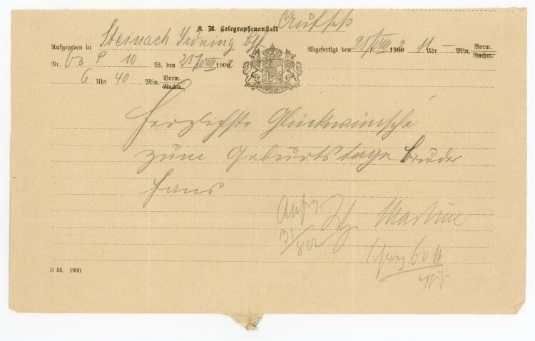 Telegramm Empfang (Aufsess) - aus Stainach Irdning Bhf. (25.08.) - 25.08.1902