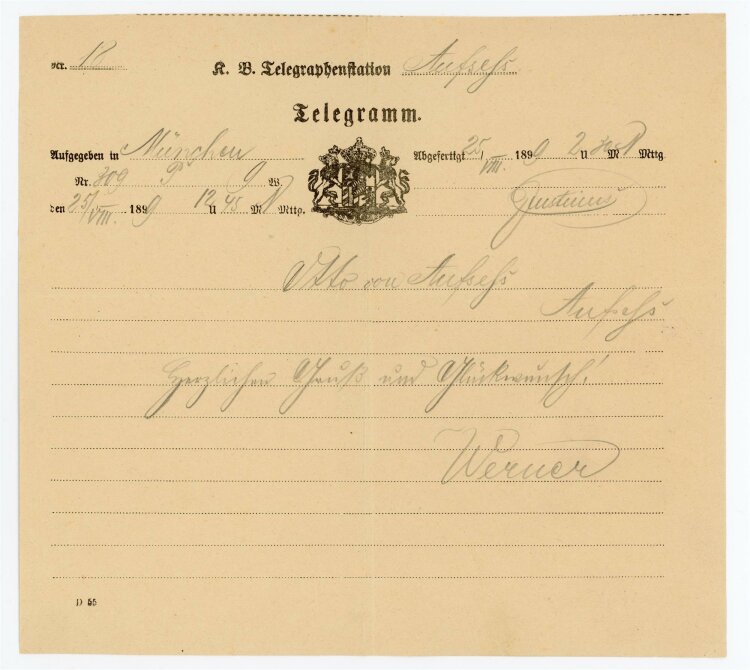 Telegramm Empfang (Aufsess) - aus München (25.08.) - 25.08.1899