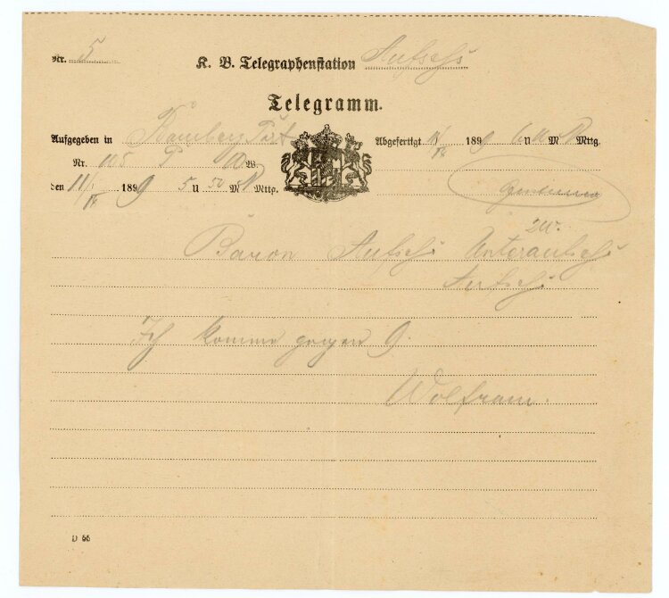 Telegramm Empfang (Aufsess) - aus Bamberg (11.02.) - 11.02.1899