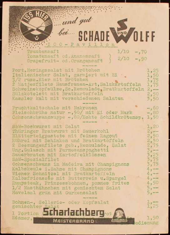 Zoo-Pavillon (Schade und Wolff) - Speisekarte - Menükarte -