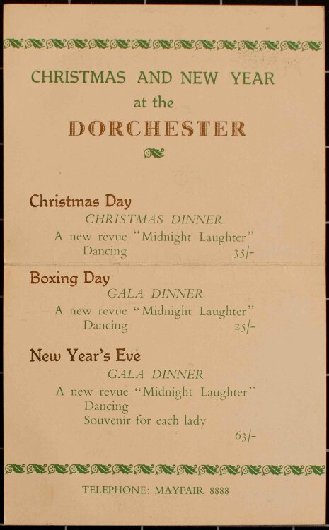 Dorchester (London) - Feiertagskarte - Menükarte -