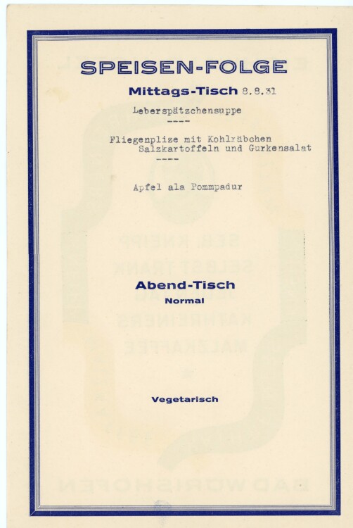 Eichwaldhotel  (Bad Wörishofen) - Speisekarte - Menükarte - 08.08.1931