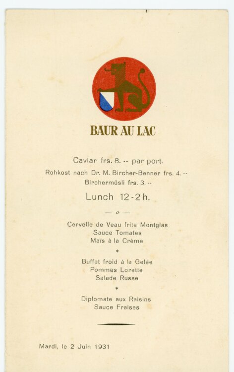 Baur au Lac (Zürich) - Lunch - Menükarte - 02.06.1931