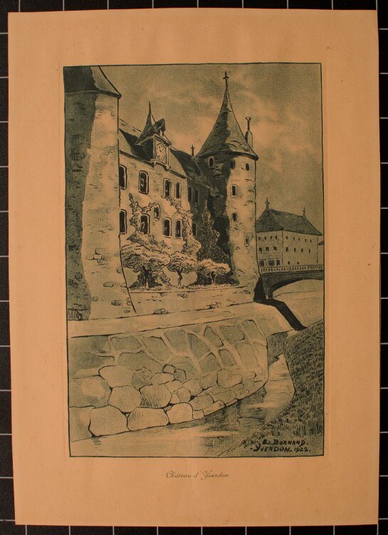 Edmond Bornand - Schloß von Yverdon, Schweiz - aquarellierte Radierung - 1922