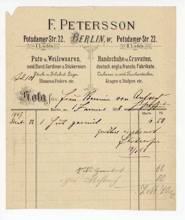 Rechnung - F. Petersson  - von Aufsess (Berlin) - 01.01.1888