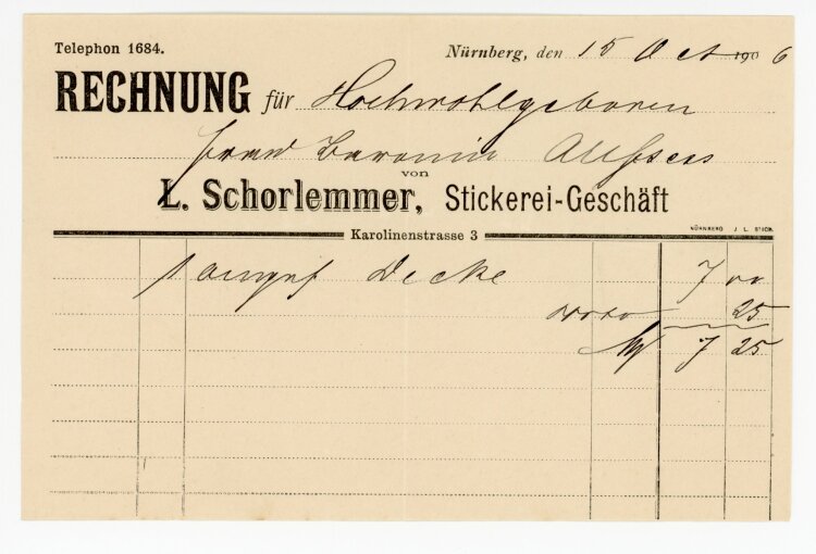 Rechnung - L. Schorlemmer, Stickerei-Geschäft  - von...
