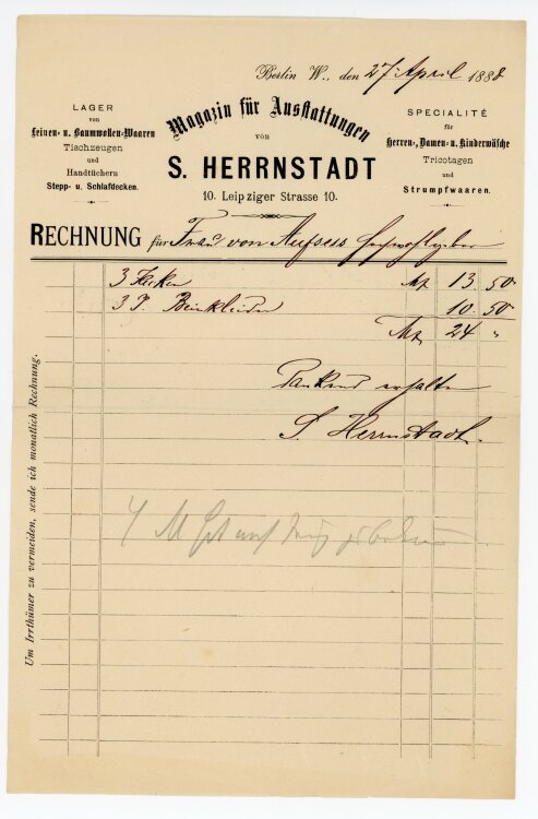 Rechnung - S. Herrenstadt, Ausstattungen  - von Aufsess (Berlin) - 27.04.1888