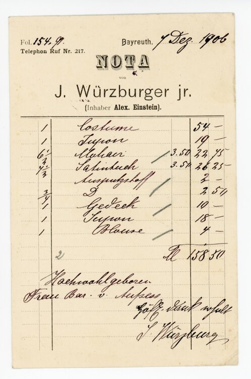 Rechnung - J. Würzburger jr.  - von Aufsess (Berlin) - 07.12.1906