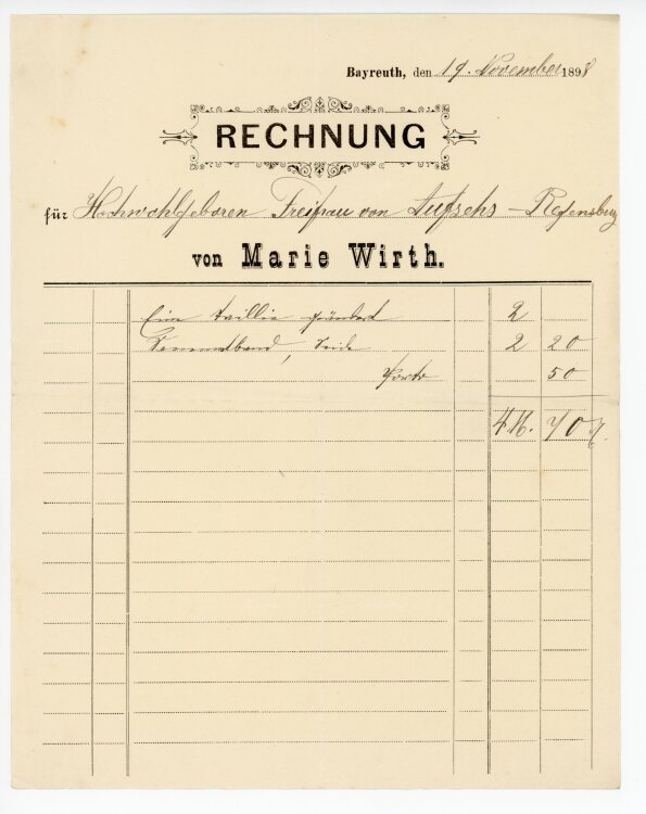 Rechnung - Marie Wirth  - von Aufsess (Bayreuth) -...