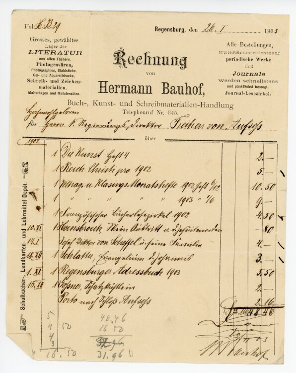 Rechnung - Hermann Bauhof, Papierhandlung  - von Aufsess...