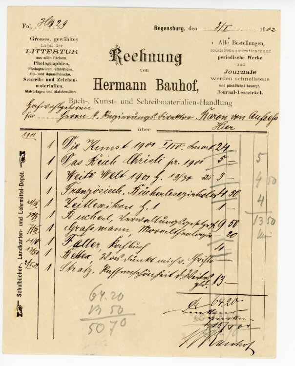 Rechnung - Hermann Bauhof, Buchhandlung  - von Aufsess (Regensburg) - 03.01.1902