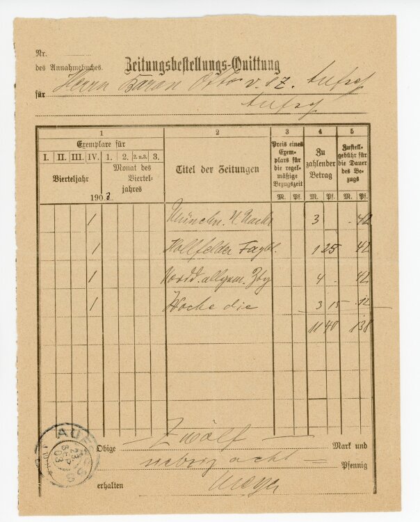 Rechnung -  von Aufsess  - 23.09.1903