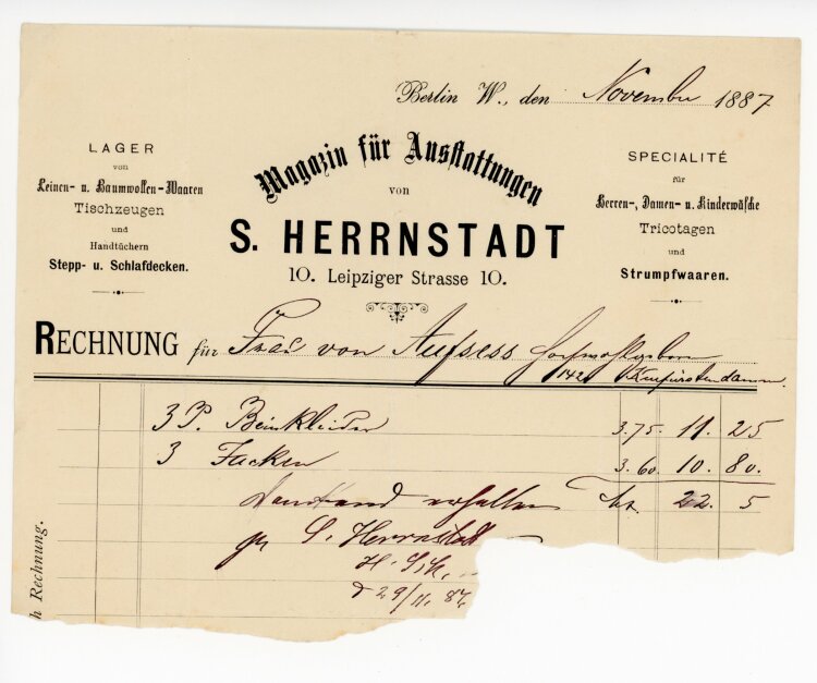Rechnung - S. Herrnstadt, Ausstatter  - von Aufsess (Berlin) - November 1887