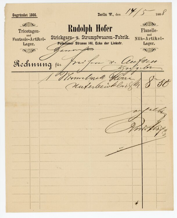 Rechnung - Rudolph Hofer, Strumpfwaren  - von Aufsess (Berlin) - 14.05.1888