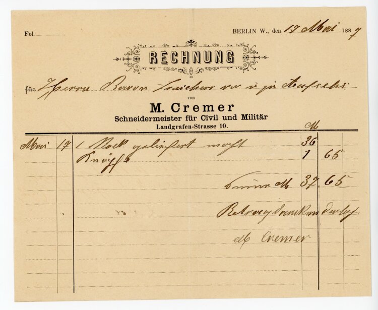 Rechnung - M. Cremer, Schneidermeister  - von Aufsess (Berlin) - 17.05.1887