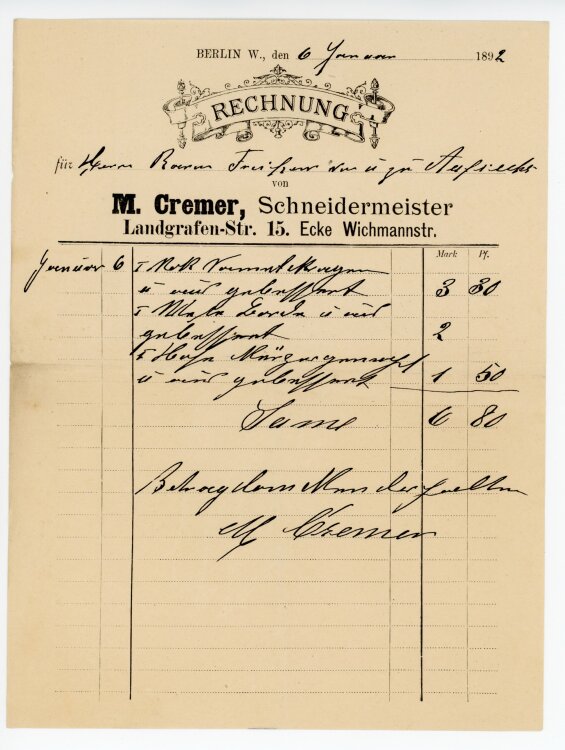 Rechnung - M. Cremer, Schneidermeister  - von Aufsess...