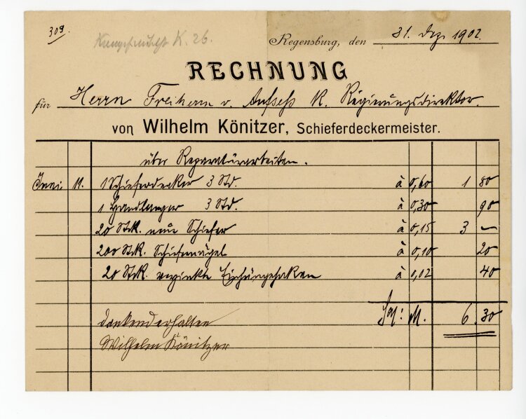 Rechnung - Wilhelm Könitzer, Schieferdeckermeister...