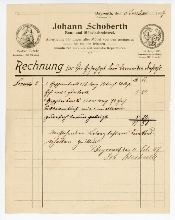 Rechnung - Johann Schoberth, Bau- und...